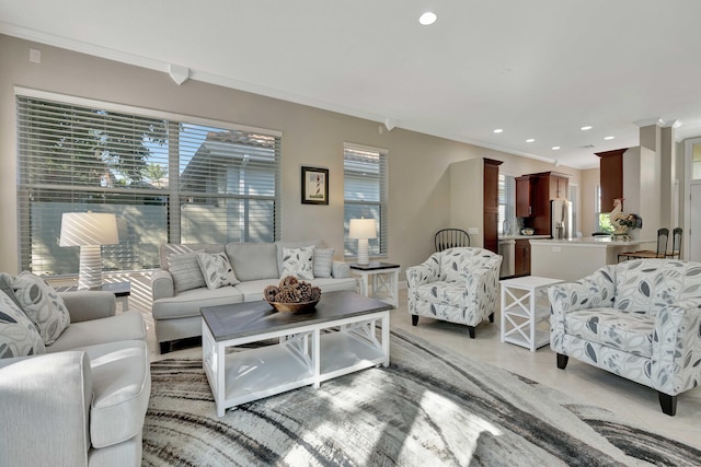 living room featuring tile patterned floors and crown molding