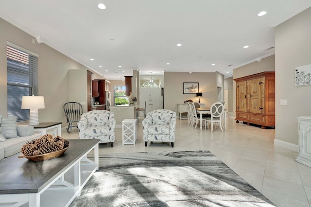 living room with ornamental molding