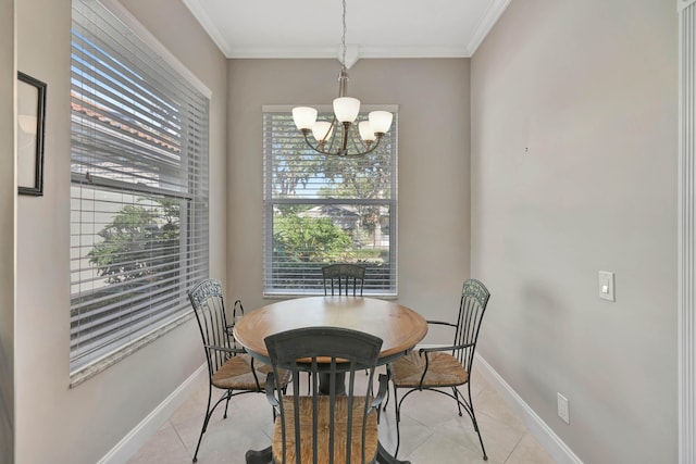 tiled dining room with crown molding and a chandelier