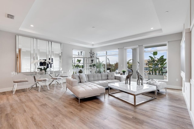 living room featuring a tray ceiling, light hardwood / wood-style flooring, and plenty of natural light