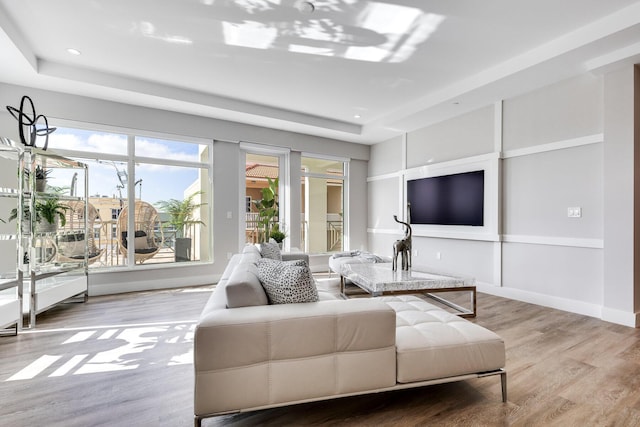 living room with light wood-type flooring and a raised ceiling