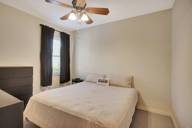 bedroom with ceiling fan and carpet floors