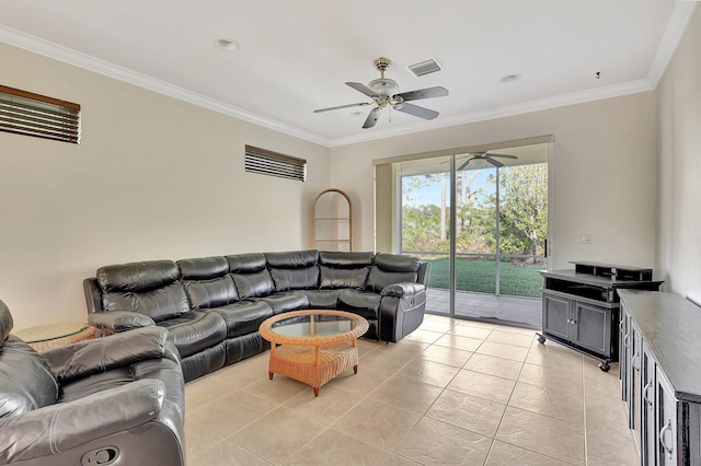 living room featuring light tile patterned flooring and ornamental molding