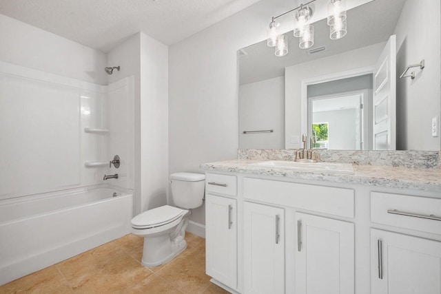 full bathroom with vanity, tile patterned flooring, toilet, a textured ceiling, and shower / bathtub combination