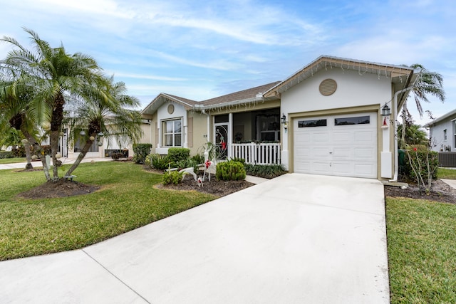 ranch-style house featuring central AC, a front yard, and a garage