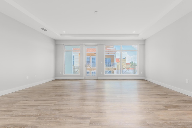 spare room with light wood-type flooring and a tray ceiling