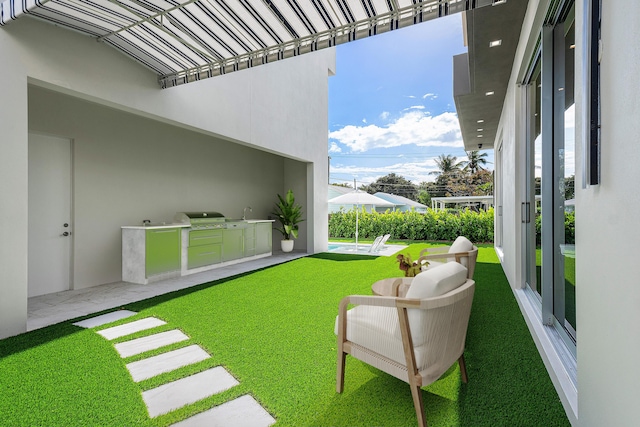 view of yard with an outdoor kitchen and a patio area