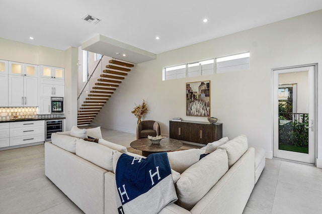 living room with beverage cooler