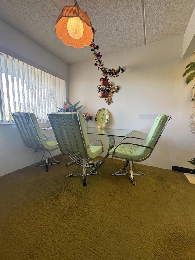 unfurnished dining area featuring carpet and a textured ceiling