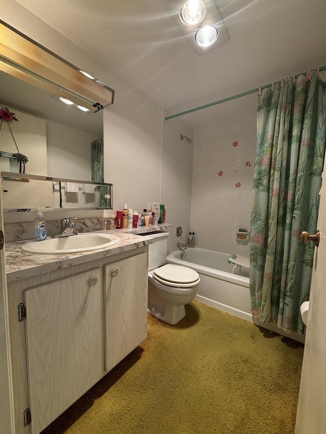 full bathroom featuring vanity, shower / bath combo, and toilet