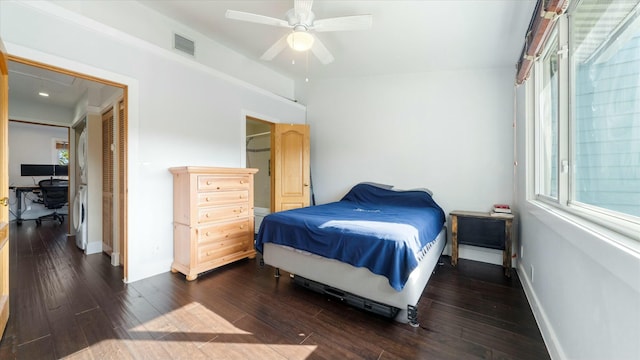 bedroom with ceiling fan, dark hardwood / wood-style flooring, and multiple windows