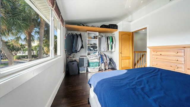 bedroom featuring dark hardwood / wood-style flooring, vaulted ceiling, and a closet