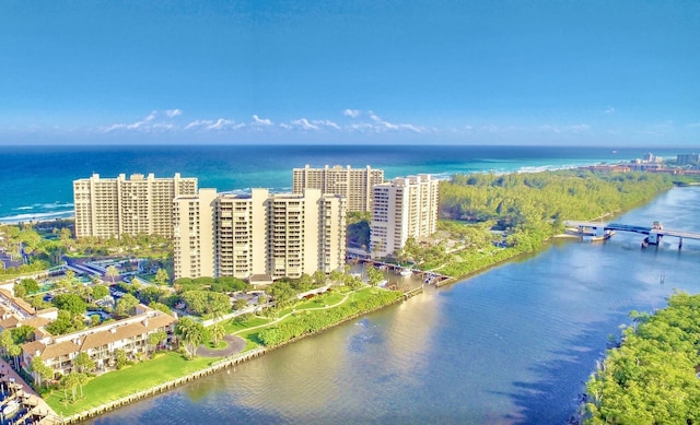 aerial view featuring a water view