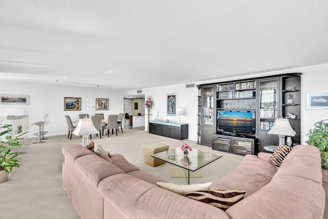 living room featuring carpet flooring and a textured ceiling