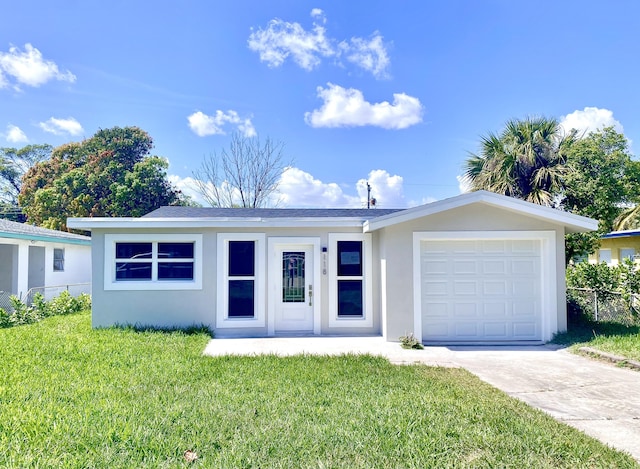 single story home with concrete driveway, a front yard, an attached garage, and stucco siding