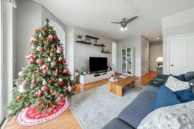 living room featuring ceiling fan and light hardwood / wood-style floors