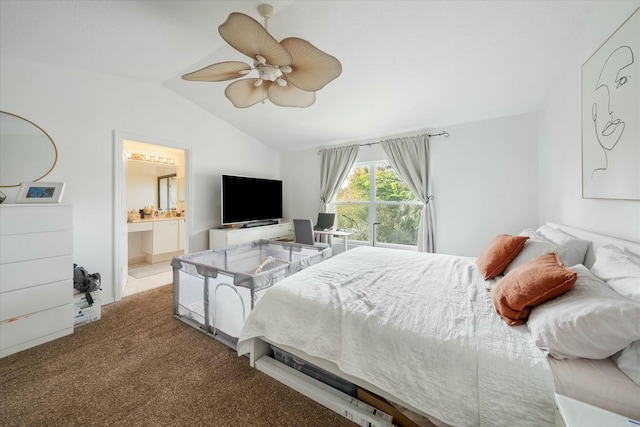 carpeted bedroom featuring ensuite bathroom, ceiling fan, and lofted ceiling