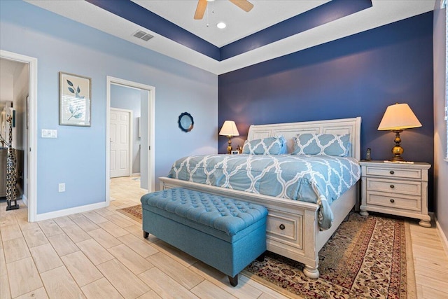 bedroom featuring ceiling fan and light wood-type flooring