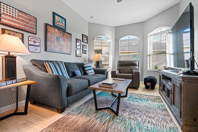 living room featuring light hardwood / wood-style floors and a textured ceiling