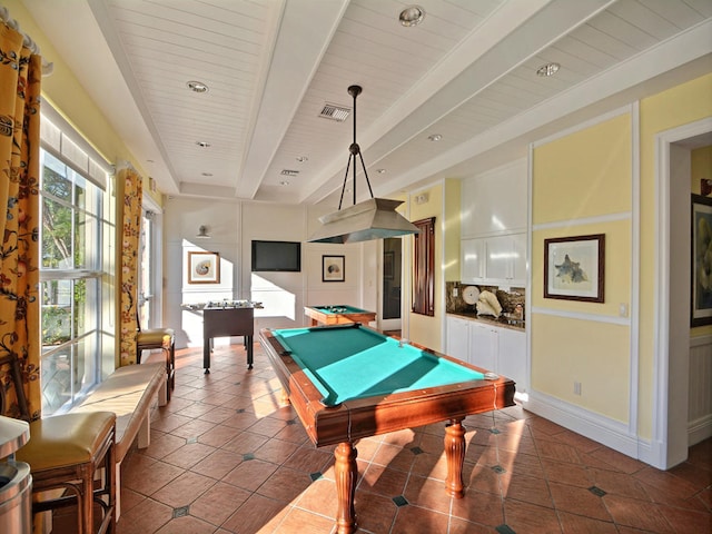 rec room featuring beamed ceiling, dark tile patterned flooring, and billiards