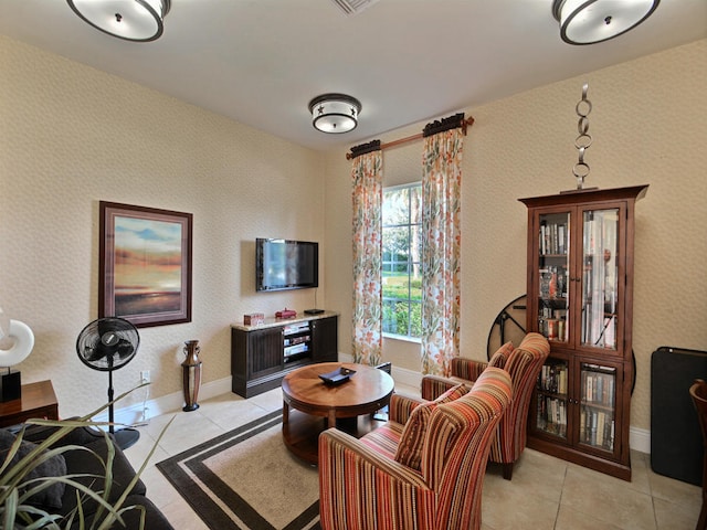 living room featuring light tile patterned flooring