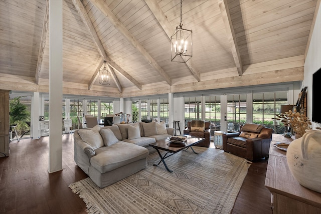 living room with beam ceiling, dark hardwood / wood-style flooring, high vaulted ceiling, and an inviting chandelier