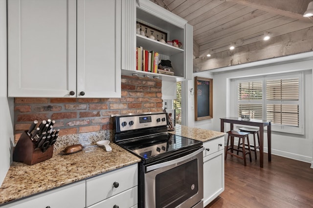 kitchen featuring dark hardwood / wood-style floors, light stone countertops, stainless steel electric range oven, white cabinetry, and wood ceiling