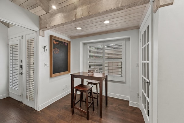 dining room with french doors, dark hardwood / wood-style floors, and wood ceiling