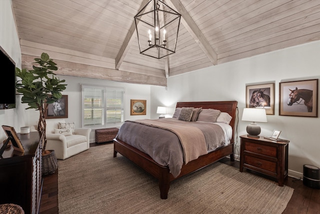 bedroom with vaulted ceiling with beams, dark hardwood / wood-style flooring, wooden ceiling, and a notable chandelier