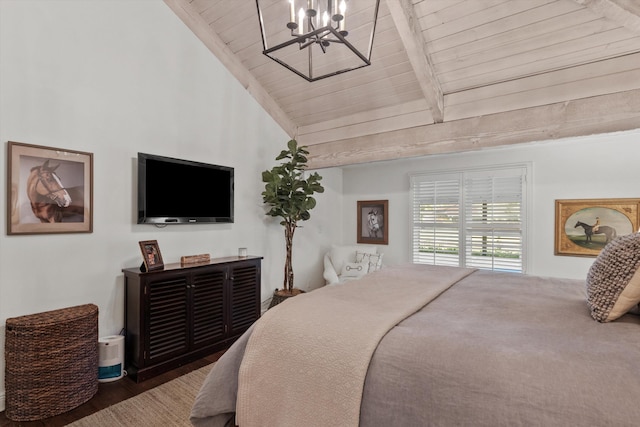 bedroom featuring dark hardwood / wood-style flooring, high vaulted ceiling, an inviting chandelier, and wood ceiling