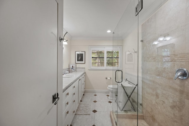 bathroom with tile patterned flooring, vanity, toilet, and walk in shower