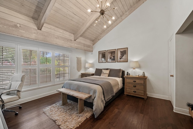 bedroom with high vaulted ceiling, beamed ceiling, dark hardwood / wood-style flooring, wood ceiling, and a chandelier