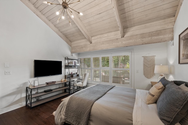 bedroom with wooden ceiling, high vaulted ceiling, beam ceiling, dark hardwood / wood-style flooring, and a chandelier