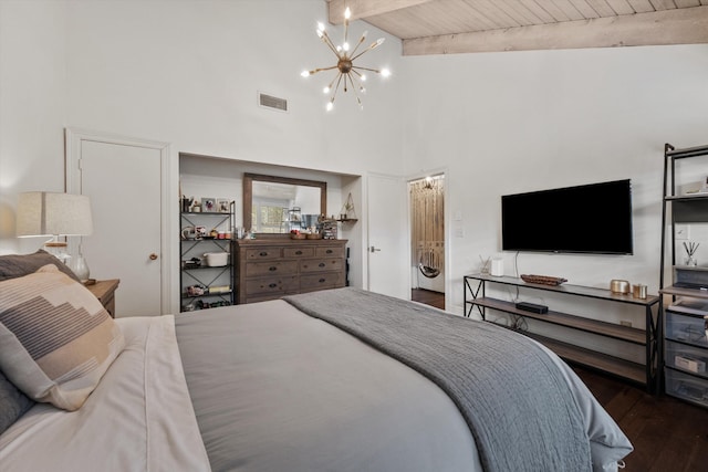 bedroom featuring dark hardwood / wood-style flooring, beam ceiling, high vaulted ceiling, wooden ceiling, and a chandelier