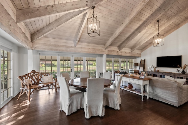 dining space with wooden ceiling, dark wood-type flooring, an inviting chandelier, french doors, and lofted ceiling with beams