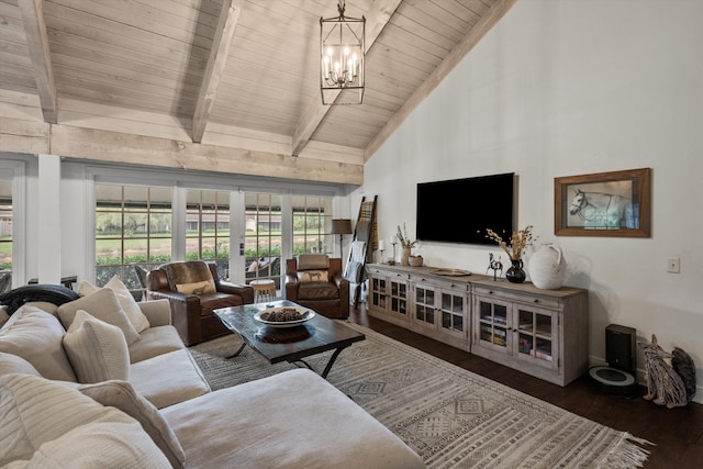 living room featuring french doors, dark wood-type flooring, beam ceiling, high vaulted ceiling, and an inviting chandelier