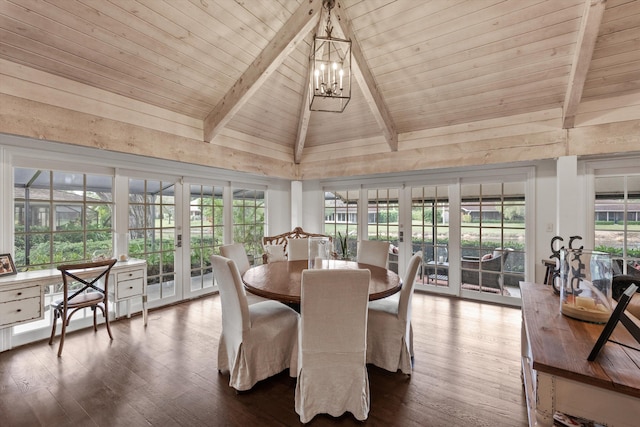 dining space featuring high vaulted ceiling, french doors, beamed ceiling, a notable chandelier, and wood-type flooring