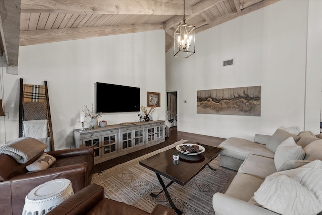 living room featuring hardwood / wood-style flooring, vaulted ceiling with beams, wooden ceiling, and an inviting chandelier