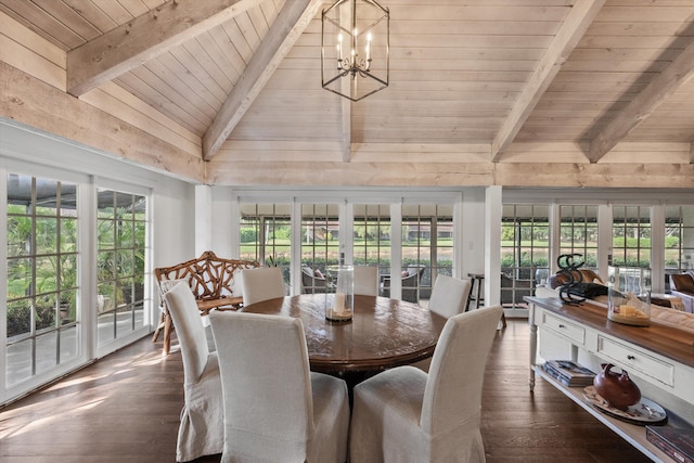 sunroom featuring lofted ceiling with beams, an inviting chandelier, wooden ceiling, and french doors