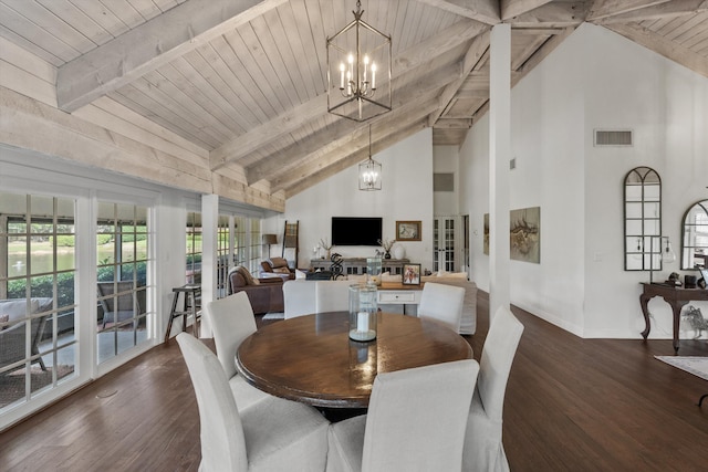 dining room with beamed ceiling, dark hardwood / wood-style floors, and wood ceiling