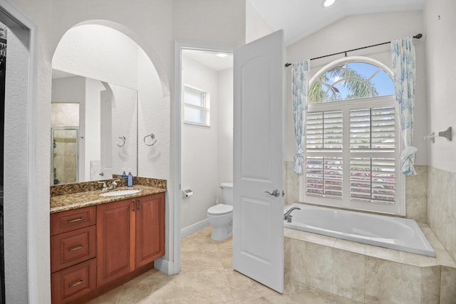 full bathroom featuring vanity, vaulted ceiling, plus walk in shower, tile patterned flooring, and toilet