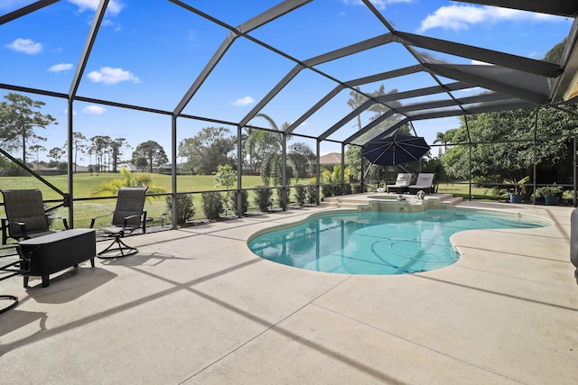 view of pool featuring a lawn, a lanai, a patio, and an in ground hot tub