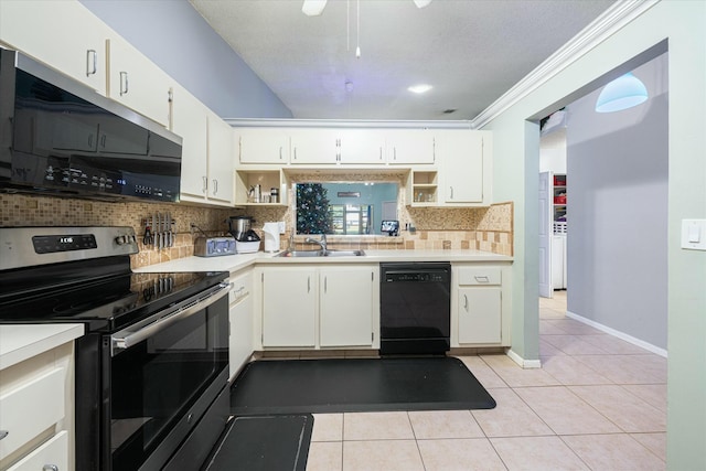 kitchen with electric range, sink, black dishwasher, decorative backsplash, and white cabinets