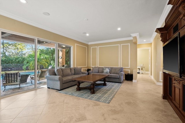 living room featuring ornamental molding and light tile patterned floors