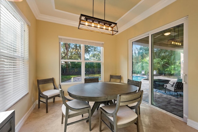 tiled dining area with ornamental molding