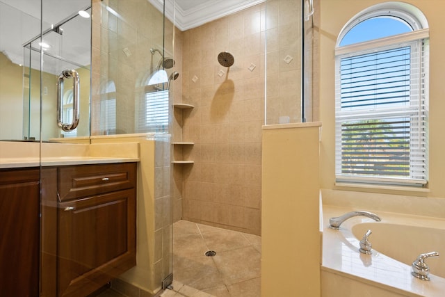 bathroom with crown molding, vanity, and shower with separate bathtub