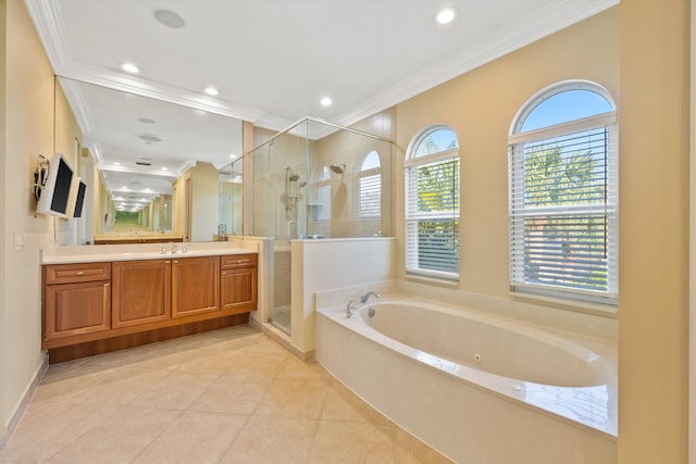 bathroom with vanity, tile patterned floors, ornamental molding, and separate shower and tub