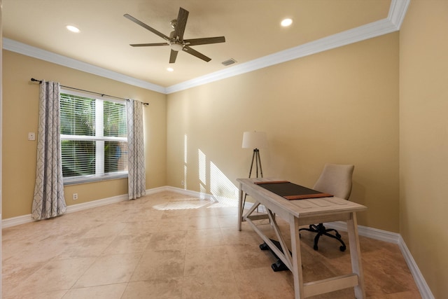 office space featuring light tile patterned floors, crown molding, and ceiling fan