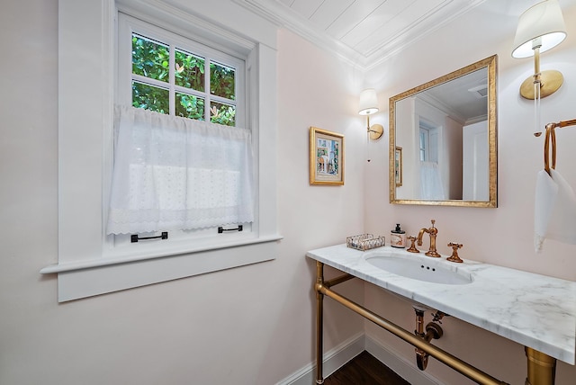 bathroom featuring crown molding, sink, and hardwood / wood-style flooring