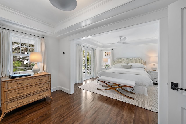 bedroom featuring access to exterior, dark hardwood / wood-style flooring, and ornamental molding